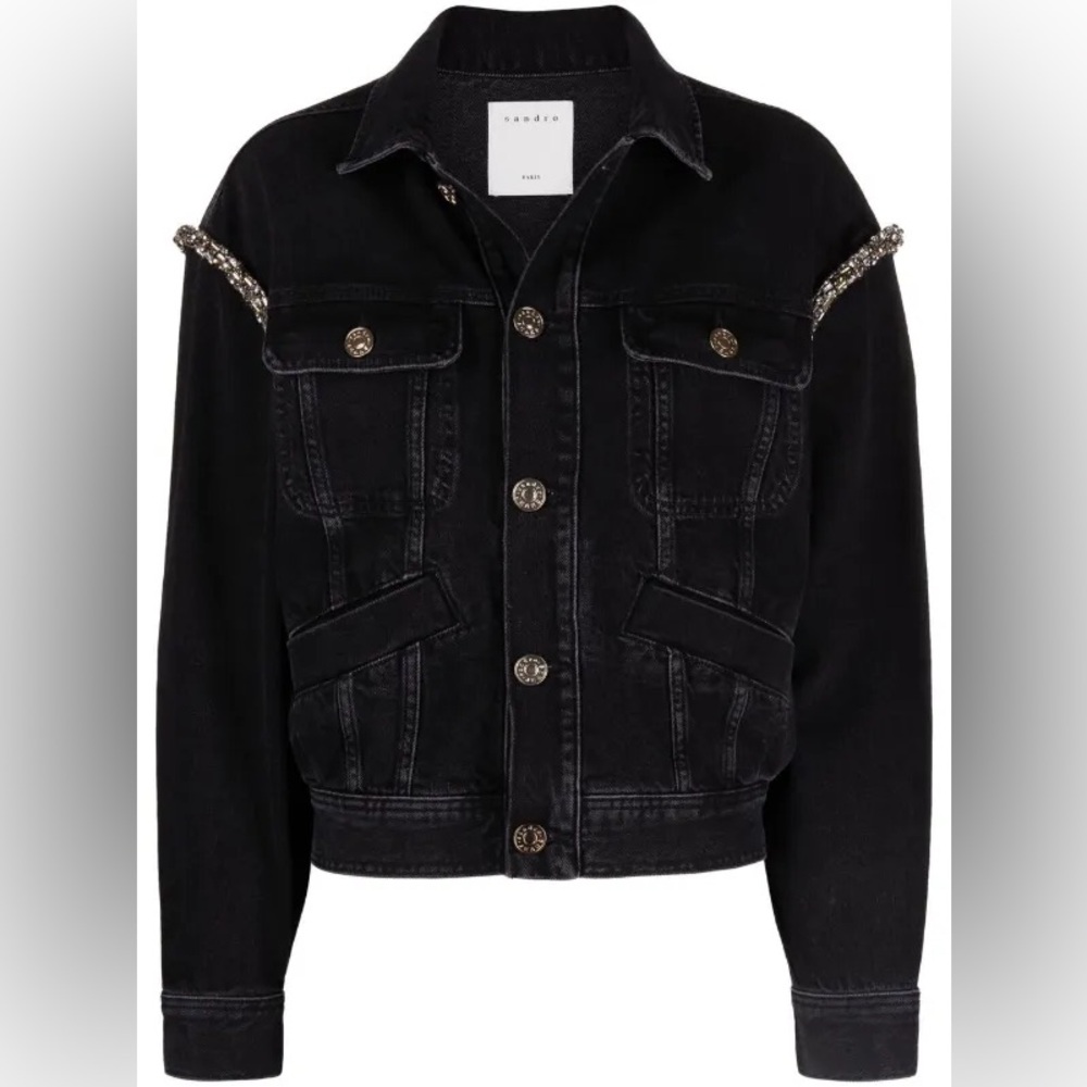 Black Denim Jacket with Embellished Shoulders
